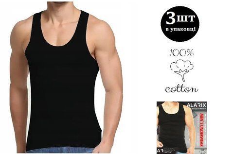 Мужская однотонная хлопковая майка 3 шт в упаковке ТМ "Alarix" черная (2XL/50) 2454769124 фото